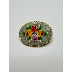 Vintage  Micro Mosaic Floral Pin Brooch Gold Tone Brooch Made In Italy